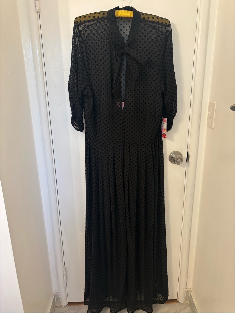 Unique Vintage I Love Lucy Black Sheer Polka Dot Maxi Dress with Bow Neck